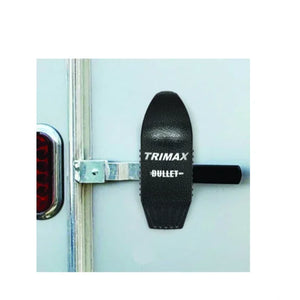 Trimax Bullet trailer door lock installed on a metal cargo trailer latch