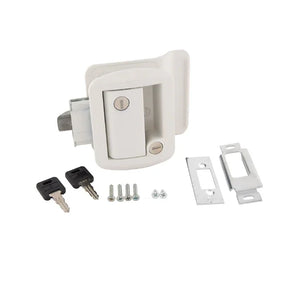 White RV door lock kit with two keys, screws, and strike plates on white background