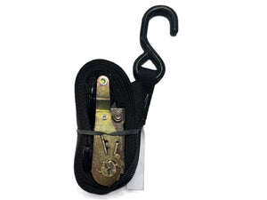 Black ratchet tie down strap with metal hook and buckle for cargo securing