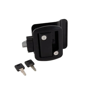 Black rectangular door lock with two matching keys on a white background