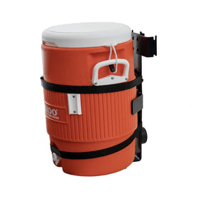 E-track water cooler holder with orange beverage cooler mounted on metal bracket