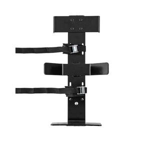 Black metal e-track water bottle mount with adjustable straps, isolated on white background