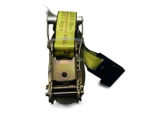 Flat hook yellow ratchet strap with black metal end on white background
