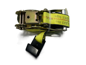 Yellow ratchet strap with flat hook and metal ratchet mechanism on white background