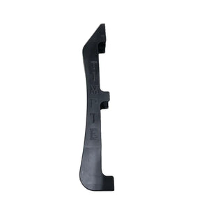 Black plastic Timpte tarp stop part with raised lettering on a white background