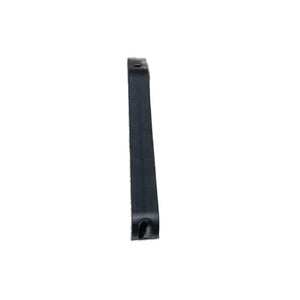 Black plastic mounting bracket with screw holes isolated on white background