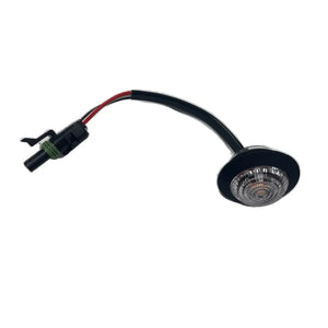 round LED marker light with black flange, clear lens, wiring harness and waterproof connector