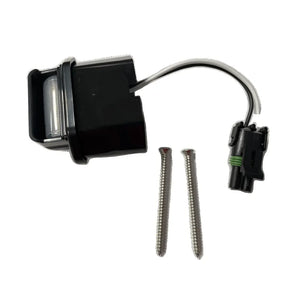 LED license plate light with wiring harness and mounting screws on white background