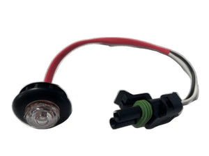 LED indicator light with wiring harness and waterproof automotive connector on white background