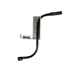 Black metal kickstand with mounting plate for bicycle on white background