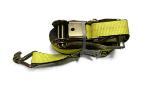 Yellow ratchet tie down strap with metal hook on white background
