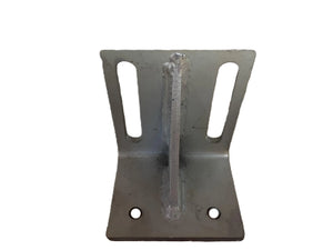 Steel 90 degree U-bolt bracket with slotted mounting holes on white background